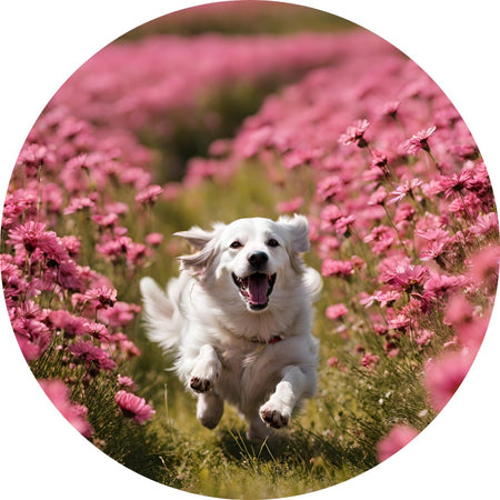 Dog running through field of flowers