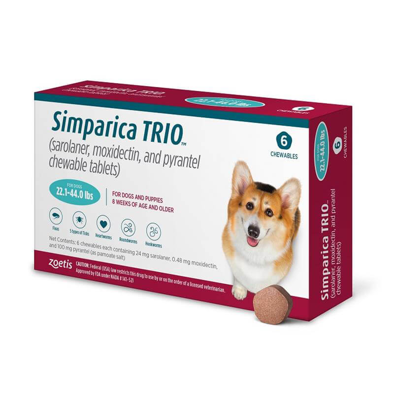 Simparica Trio Chewable Tablet for Dogs 22.1-44 lbs, 6 Chewable Tablets