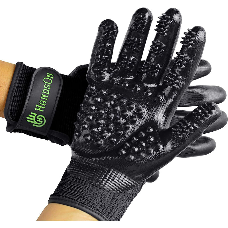 HandsOn Pet Grooming Gloves Gentle Brush for Cats, Dogs, and Horses, Black