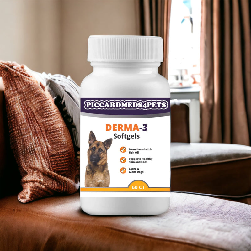 PiccardMeds4Pets Derma-3 Omega-3's & Vitamin Supplements Large and Giant Dogs Soft Gels Caps 60 CT