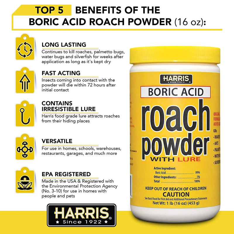 HARRIS Boric Acid Roach Killer Powder with Lure 16 oz. Harris