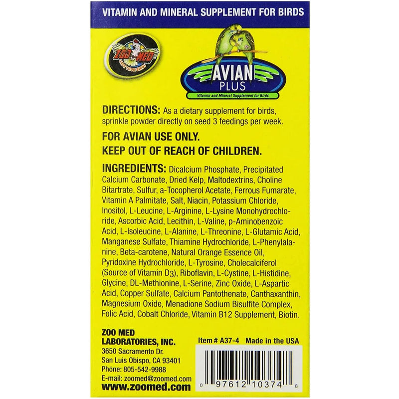 Zoo Med Avian Plus Vitamin and Mineral Bird Supplement 4 oz. Zoo Med