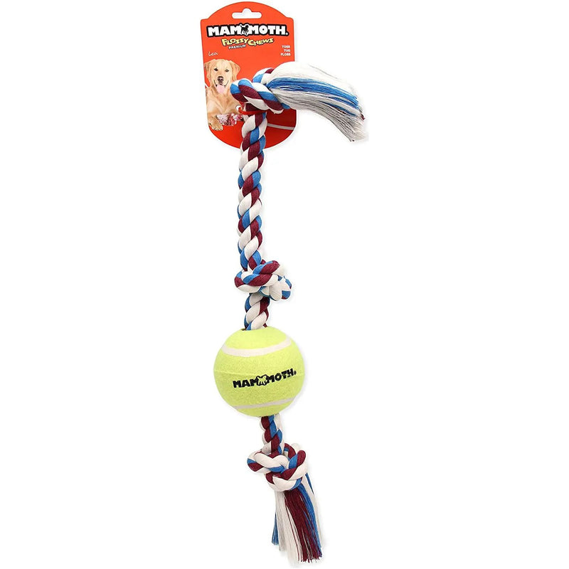 Mammoth Flossy Chews 3-Knot Tug with Tennis Ball LG Assort Color Mammoth Pet Products