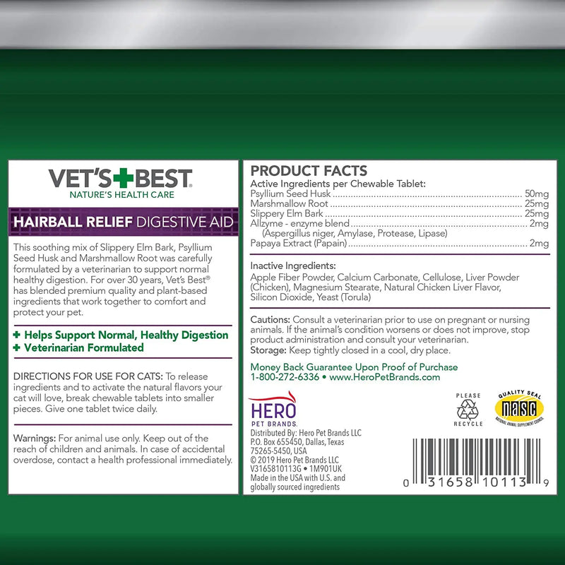 Vet's Best Cat Hairball Relief Tablets 60CT Hero Pet Brands